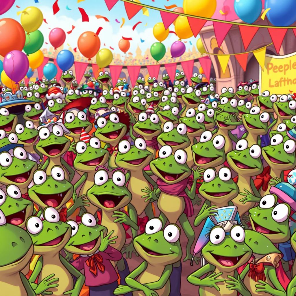 A vibrant and humorous scene depicting a large crowd of Pepe the Frog characters, each displaying a variety of emotions and activities