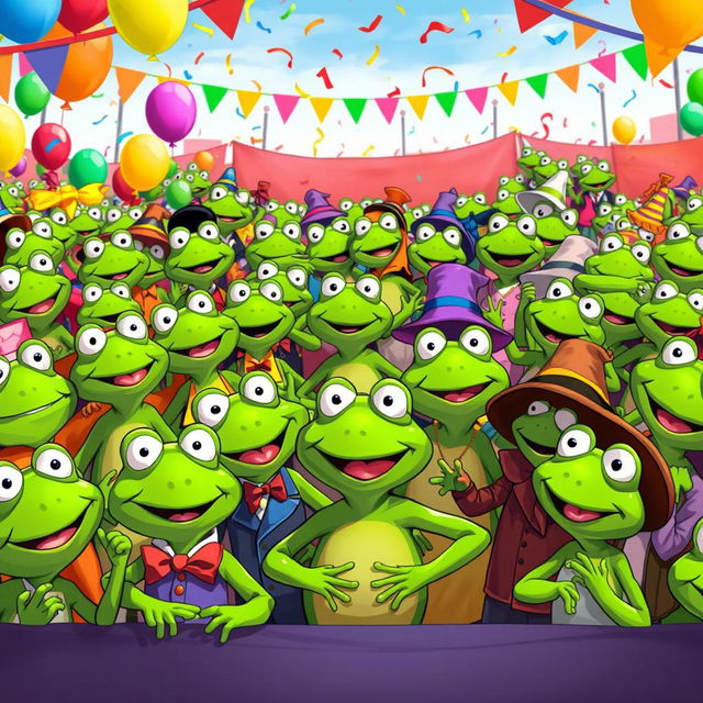 A vibrant and humorous scene depicting a large crowd of Pepe the Frog characters, each displaying a variety of emotions and activities