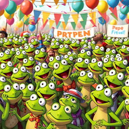 A vibrant and humorous scene depicting a large crowd of Pepe the Frog characters, each displaying a variety of emotions and activities