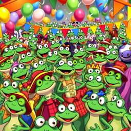 A vibrant and humorous scene depicting a large crowd of Pepe the Frog characters, each displaying a variety of emotions and activities