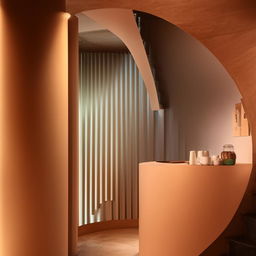 A cozy coffee corner tucked away under a set of round stairs, echoing modern interior design, soft lighting and comforting colors.