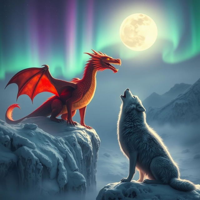 A striking scene featuring a majestic fiery dragon, its scales glowing in vibrant reds and oranges, perched regally on a snowy cliff