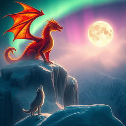 A striking scene featuring a majestic fiery dragon, its scales glowing in vibrant reds and oranges, perched regally on a snowy cliff