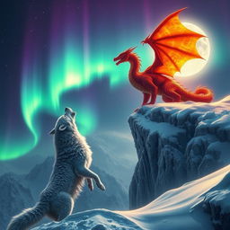 A striking scene featuring a majestic fiery dragon, its scales glowing in vibrant reds and oranges, perched regally on a snowy cliff