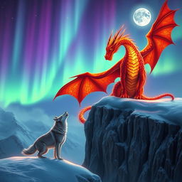 A striking scene featuring a majestic fiery dragon, its scales glowing in vibrant reds and oranges, perched regally on a snowy cliff