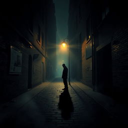 A mysterious and atmospheric scene depicting shadows in a dimly lit alleyway, where tall buildings loom overhead casting long shadows on the cobblestone street