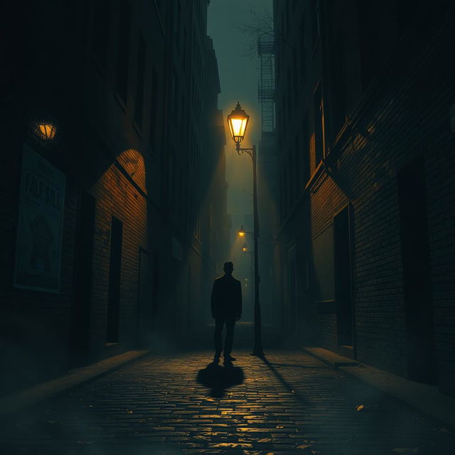 A mysterious and atmospheric scene depicting shadows in a dimly lit alleyway, where tall buildings loom overhead casting long shadows on the cobblestone street