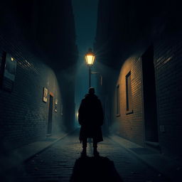 A mysterious and atmospheric scene depicting shadows in a dimly lit alleyway, where tall buildings loom overhead casting long shadows on the cobblestone street