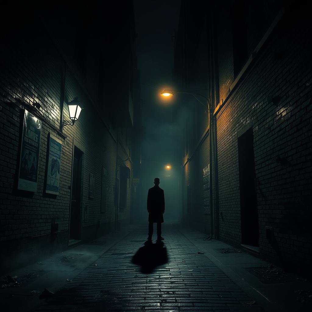 A mysterious and atmospheric scene depicting shadows in a dimly lit alleyway, where tall buildings loom overhead casting long shadows on the cobblestone street