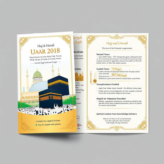 A beautifully designed brochure for a Hajj and Umrah package