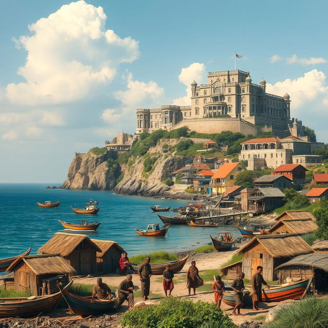 A picturesque coastal village scene depicting the contrast between the modest lifestyle of the villagers and an opulent palace on a hill