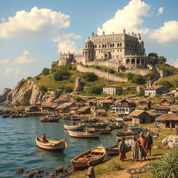 A picturesque coastal village scene depicting the contrast between the modest lifestyle of the villagers and an opulent palace on a hill
