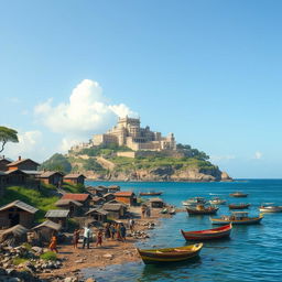 A picturesque coastal village scene depicting the contrast between the modest lifestyle of the villagers and an opulent palace on a hill