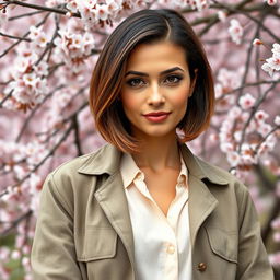 A 40-year-old Slavic woman exuding elegance and confidence, featuring a short bob haircut with dark brown hair highlighted with a copper tint