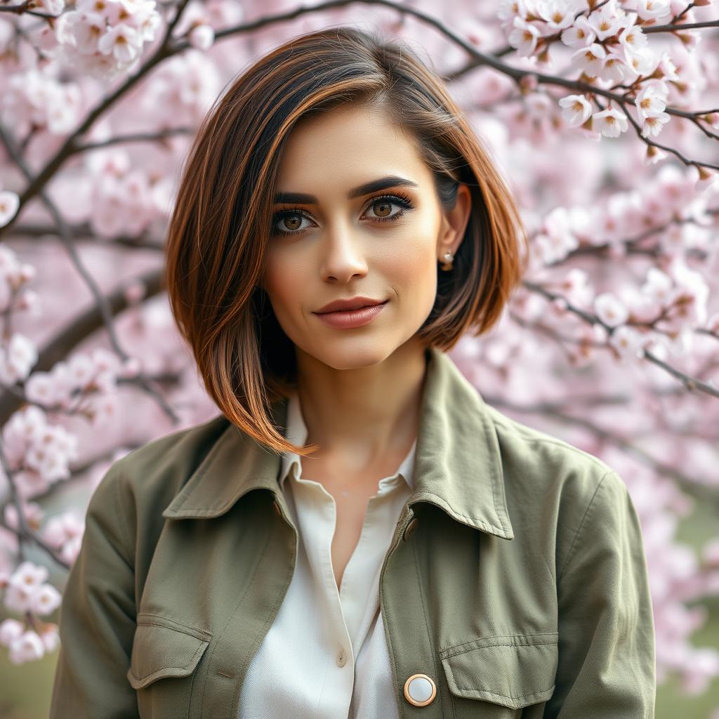 A 40-year-old Slavic woman exuding elegance and confidence, featuring a short bob haircut with dark brown hair highlighted with a copper tint