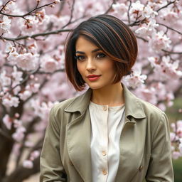 A 40-year-old Slavic woman exuding elegance and confidence, featuring a short bob haircut with dark brown hair highlighted with a copper tint