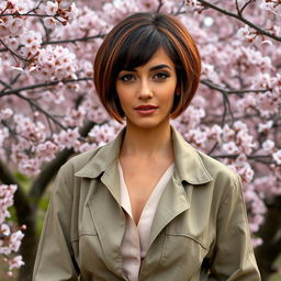 A 40-year-old Slavic woman exuding elegance and confidence, featuring a short bob haircut with dark brown hair highlighted with a copper tint