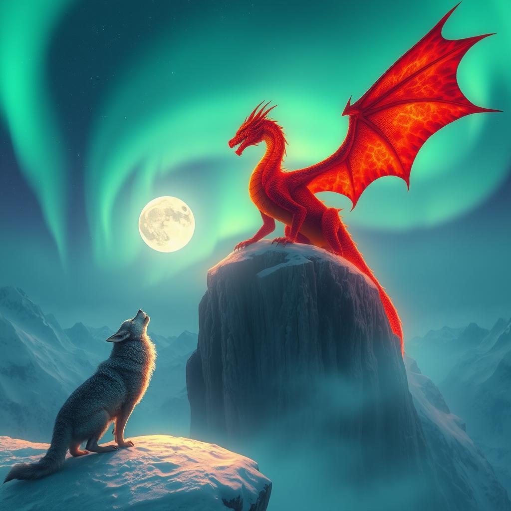 A dramatic scene showcasing a magnificent fiery dragon, its scales glowing in vibrant hues of red and orange, perched majestically on a snowy cliff