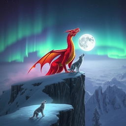 A dramatic scene showcasing a magnificent fiery dragon, its scales glowing in vibrant hues of red and orange, perched majestically on a snowy cliff