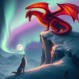 A dramatic scene showcasing a magnificent fiery dragon, its scales glowing in vibrant hues of red and orange, perched majestically on a snowy cliff