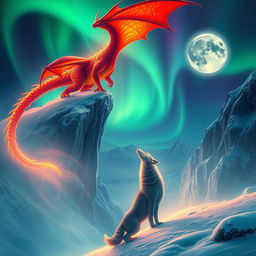 A dramatic scene showcasing a magnificent fiery dragon, its scales glowing in vibrant hues of red and orange, perched majestically on a snowy cliff