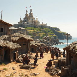 A simple coastal village scene depicting humble, rustic buildings made of wood and straw