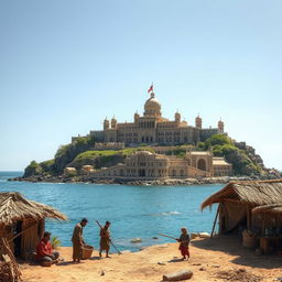 A simple coastal village scene depicting humble, rustic buildings made of wood and straw