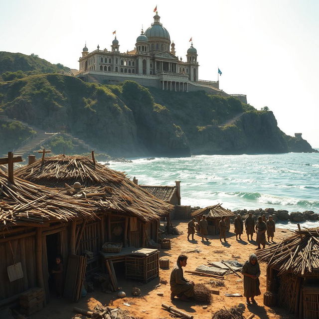 A simple coastal village scene depicting humble, rustic buildings made of wood and straw