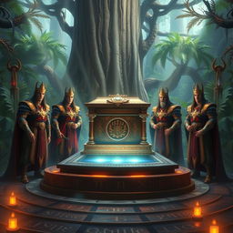 A grand and mystical scene featuring the Guardians of the Sacred Ark, depicted as strong, noble figures adorned in elaborate robes and armor, standing vigil around a beautifully ornate ark set upon a raised platform surrounded by glowing ancient runes