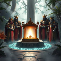 A grand and mystical scene featuring the Guardians of the Sacred Ark, depicted as strong, noble figures adorned in elaborate robes and armor, standing vigil around a beautifully ornate ark set upon a raised platform surrounded by glowing ancient runes