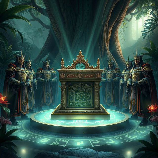 A grand and mystical scene featuring the Guardians of the Sacred Ark, depicted as strong, noble figures adorned in elaborate robes and armor, standing vigil around a beautifully ornate ark set upon a raised platform surrounded by glowing ancient runes