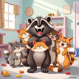 A whimsical scene depicting a raccoon joyfully hugging several angry cats