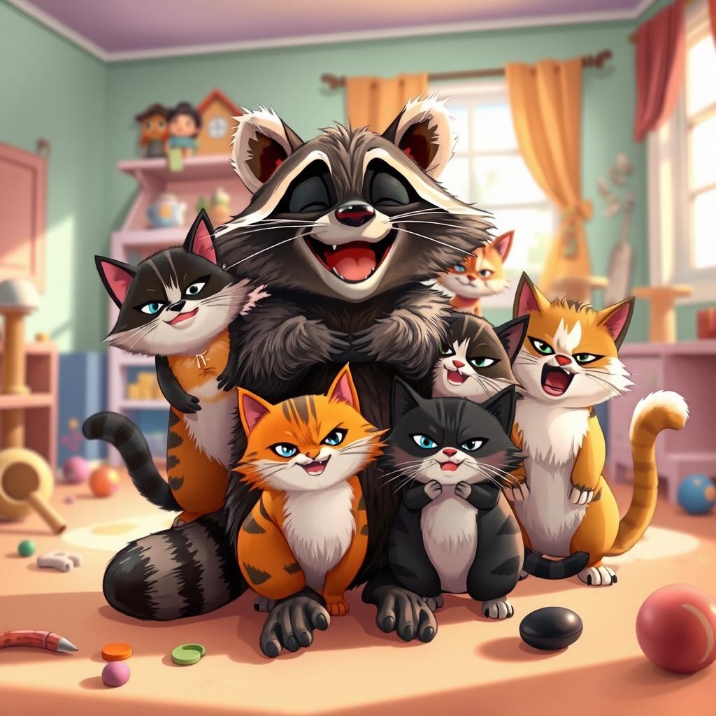 A whimsical scene depicting a raccoon joyfully hugging several angry cats