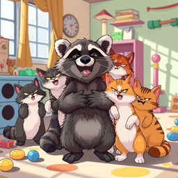 A whimsical scene depicting a raccoon joyfully hugging several angry cats