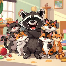 A whimsical scene depicting a raccoon joyfully hugging several angry cats