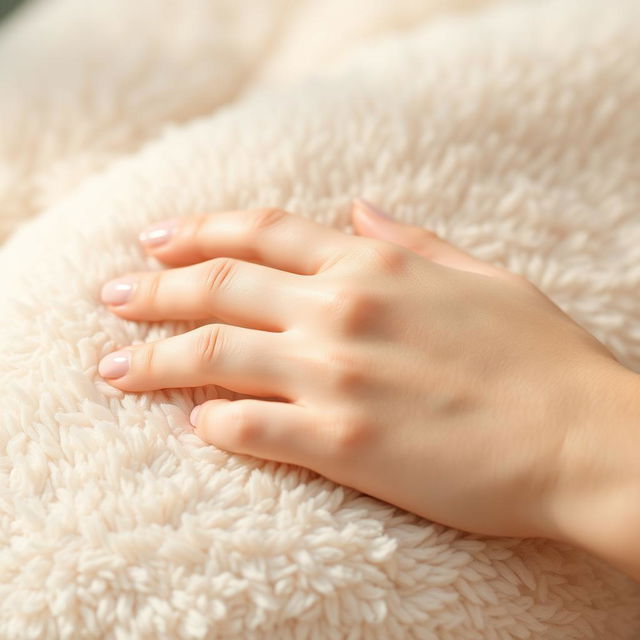 A beautifully manicured hand gracefully resting on a soft, plush surface