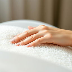 A beautifully manicured hand gracefully resting on a soft, plush surface