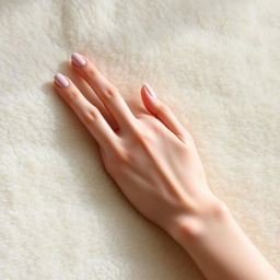 A beautifully manicured hand gracefully resting on a soft, plush surface