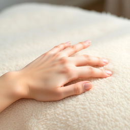 A beautifully manicured hand gracefully resting on a soft, plush surface