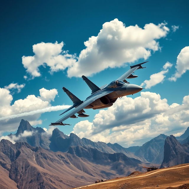 A dramatic scene depicting a Su-30 MKI fighter jet engaged in aerial combat near a rugged mountainous border