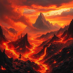 A fantastical landscape depicting the Kingdom of Forgotten Flames, where fiery hues dominate the scene, showcasing charred remains of ancient structures amidst glowing embers scattered throughout the terrain