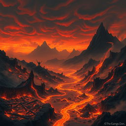 A fantastical landscape depicting the Kingdom of Forgotten Flames, where fiery hues dominate the scene, showcasing charred remains of ancient structures amidst glowing embers scattered throughout the terrain