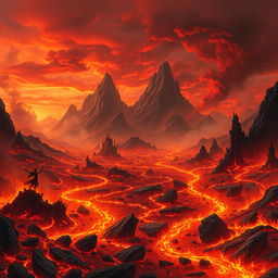 A fantastical landscape depicting the Kingdom of Forgotten Flames, where fiery hues dominate the scene, showcasing charred remains of ancient structures amidst glowing embers scattered throughout the terrain