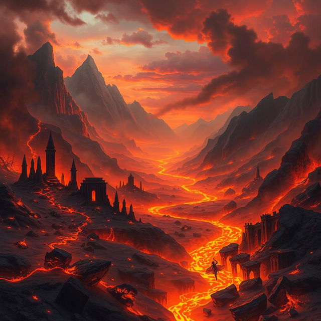 A fantastical landscape depicting the Kingdom of Forgotten Flames, where fiery hues dominate the scene, showcasing charred remains of ancient structures amidst glowing embers scattered throughout the terrain