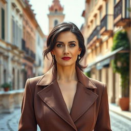 A 39-year-old woman with dark hair and distinct Italian features, fully dressed in stylish and elegant clothing that showcases her sophisticated sense of fashion