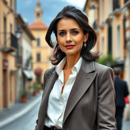 A 39-year-old woman with dark hair and distinct Italian features, fully dressed in stylish and elegant clothing that showcases her sophisticated sense of fashion