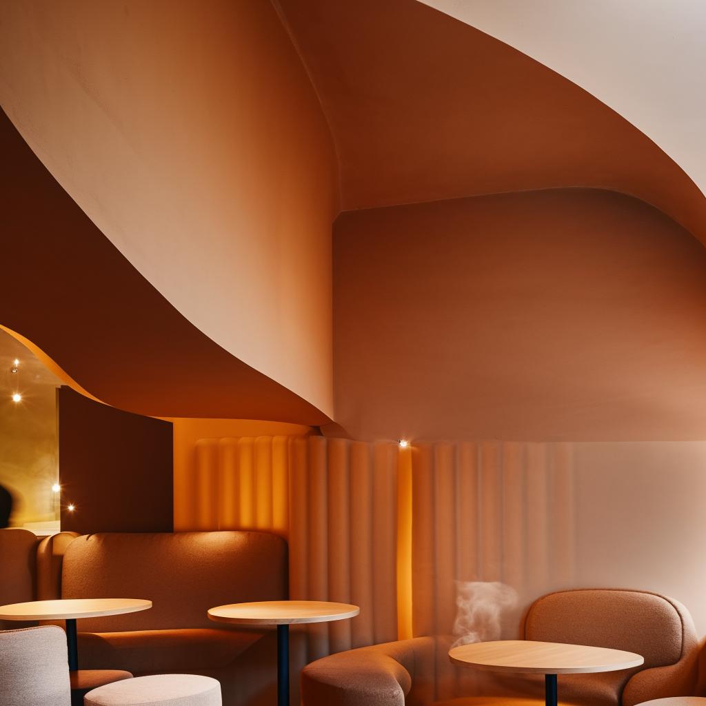 A cozy coffee corner tucked away under a set of round stairs, echoing modern interior design, soft lighting and comforting colors.