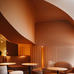 A cozy coffee corner tucked away under a set of round stairs, echoing modern interior design, soft lighting and comforting colors.