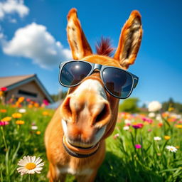 A vibrant scene featuring a lively chestnut-colored donkey wearing stylish sunglasses
