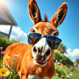 A vibrant scene featuring a lively chestnut-colored donkey wearing stylish sunglasses